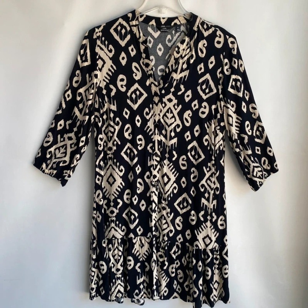 Mlle Gabrielle XL Abstract Print Tiered ruffled hem Shirt Dress Black Cream